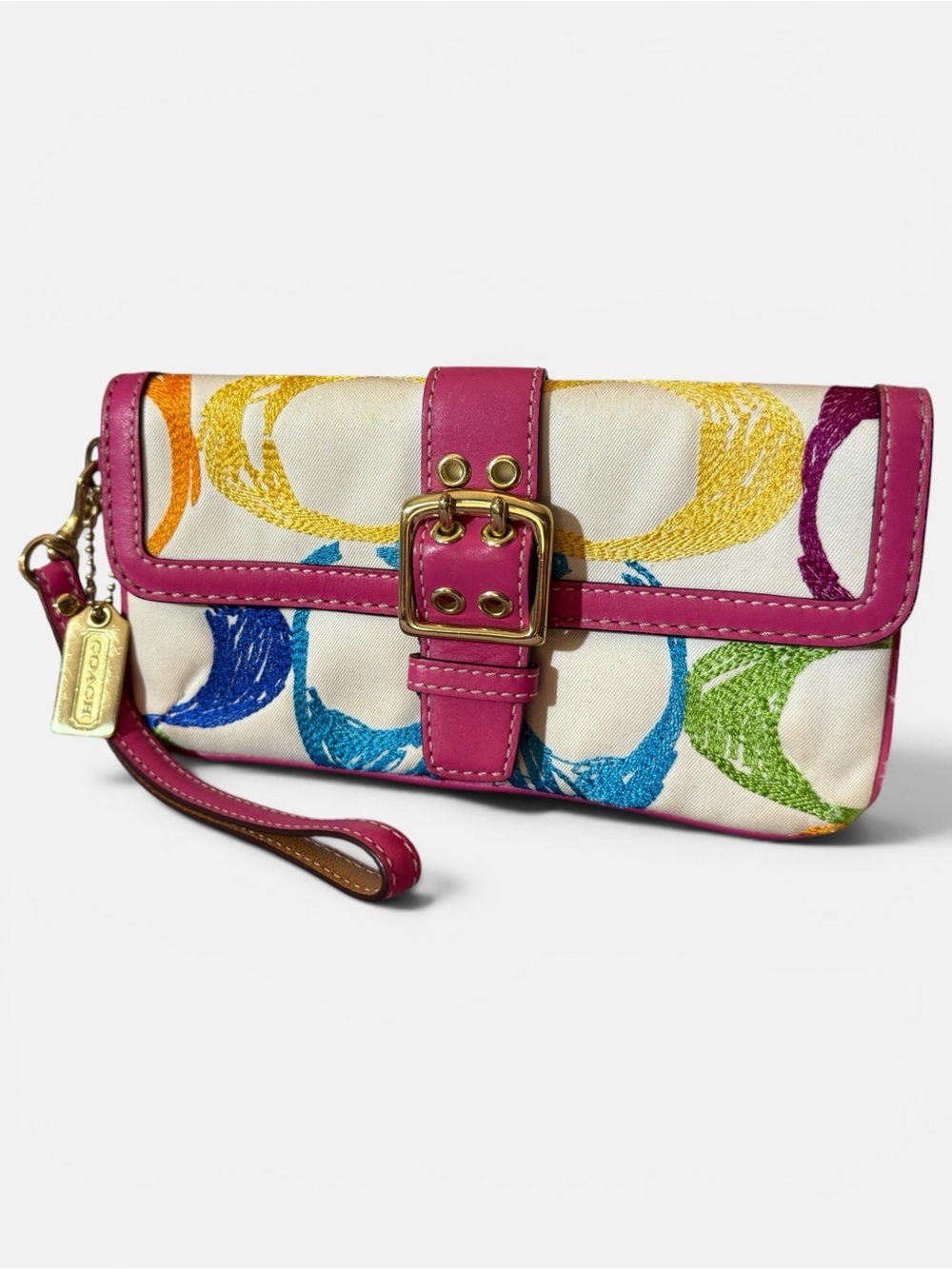 Vintage Coach Hamptons Scribble Embroidered Buckle Flap Wristlet
